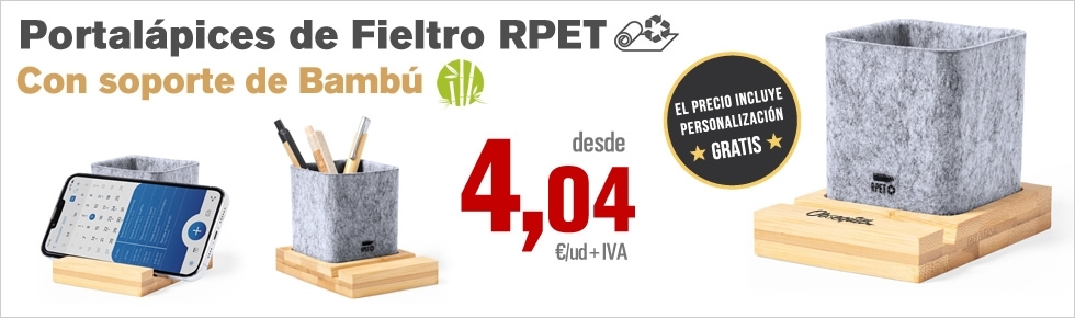 Oferta en Portalapices de Fieltro RPET con Soporte de Bambu para Smartphones Banner