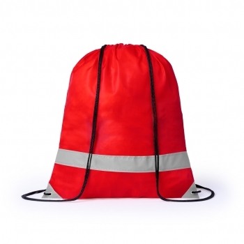 Mochila de cuerdas reflectante de poliéster 190T con tira frontal y esquinas reflectantes