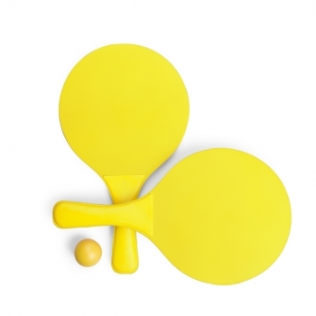 Par de palas de playa de alta calidad en madera natural con mango a juego en vivos colores — bolsa redecilla con pelota