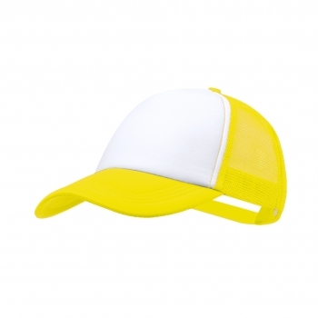 Gorra trucker 5 paneles de poliéster con panel frontal blanco y cierre de plástico