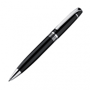 Bolígrafo metálico en lujosa caja metálica negra.