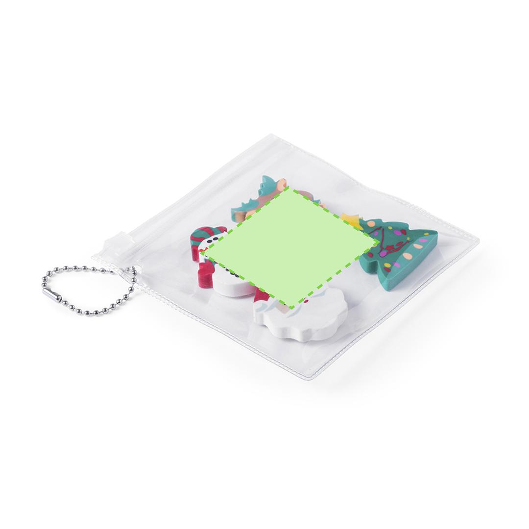 Set gomas de borrar navideñas Flop — 4 piezas con diseños navideños, bolsa transparente con zona posterior para impresión y cadenita