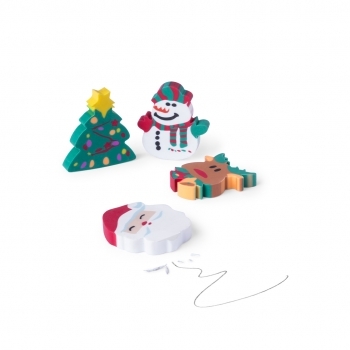 Set gomas de borrar navideñas Flop — 4 piezas con diseños navideños, bolsa transparente con zona posterior para impresión y cadenita
