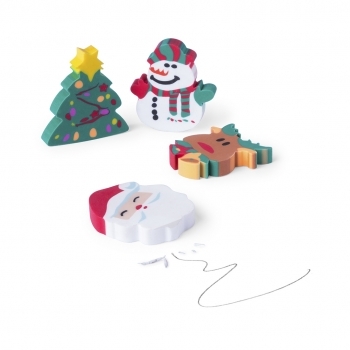 Set gomas de borrar navideñas Flop — 4 piezas con diseños navideños, bolsa transparente con zona posterior para impresión y cadenita