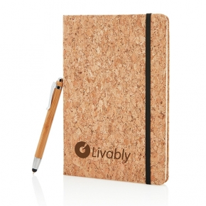 Libreta A5 con bolígrafo touch de bambú, marrón