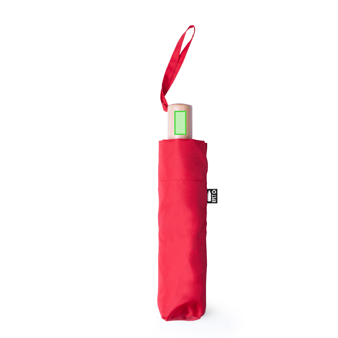 Paraguas plegable de línea nature en pongee RPET con mango de madera, antiviento y sublimable — funda a juego