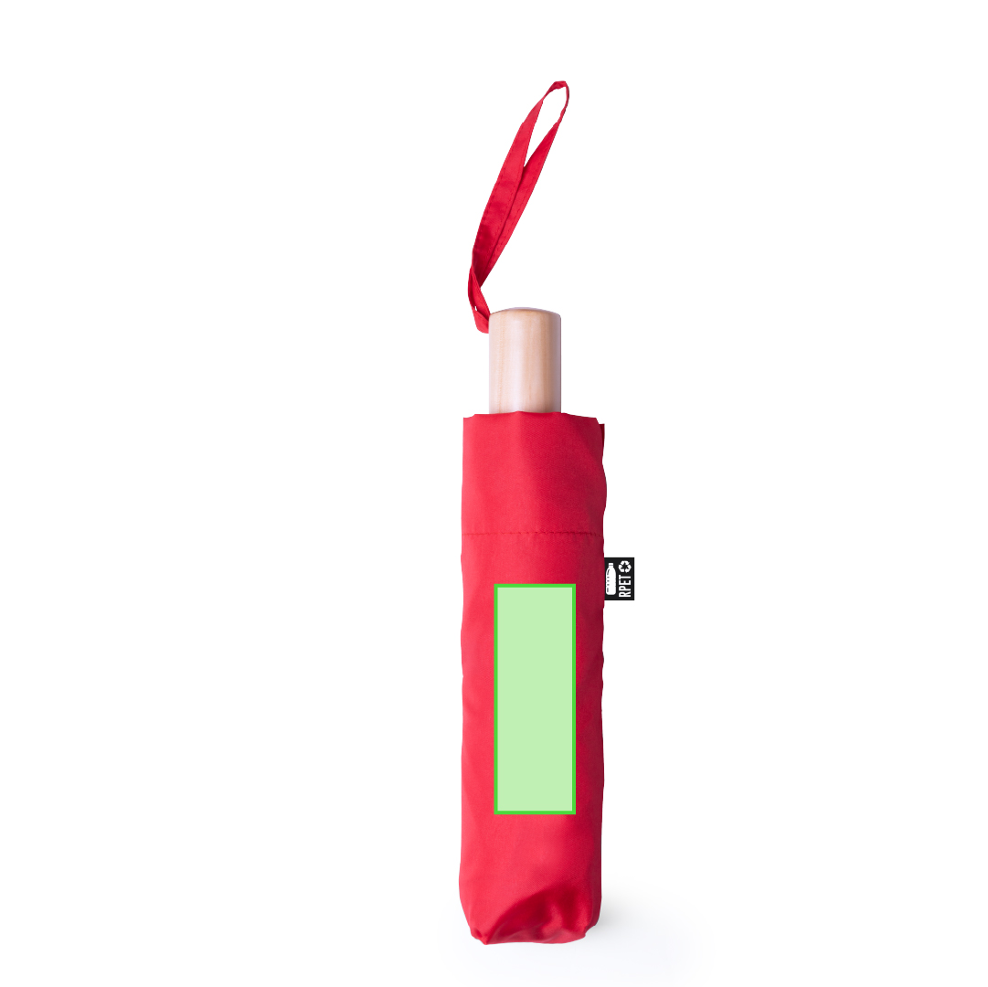 Paraguas plegable de línea nature en pongee RPET con mango de madera, antiviento y sublimable — funda a juego