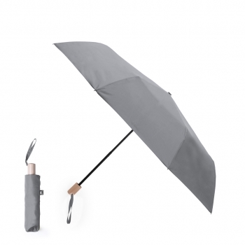 Paraguas plegable de línea nature en pongee RPET con mango de madera, antiviento y sublimable — funda a juego