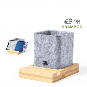 Portalápices de fieltro RPET con soporte de bambú para smartphones