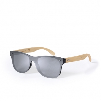 Gafas de sol de línea nature UV400 con montura de PC negro y patillas de bambú natural — lentes efecto espejo en estuche eco