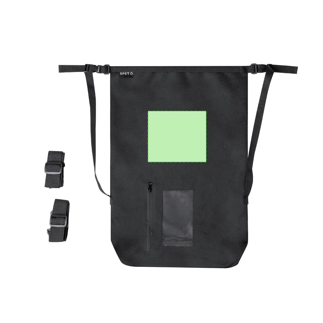 Mochila impermeable de RPET 300D 25L con ventana táctil PVC, mosquetón y bolsa reciclada