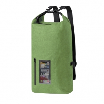 Mochila impermeable de RPET 300D 25L con ventana táctil PVC, mosquetón y bolsa reciclada