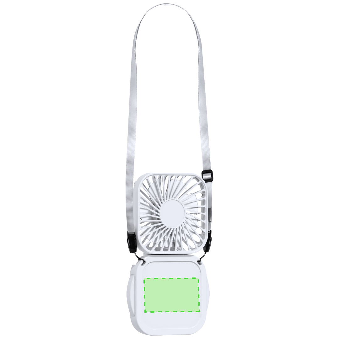 Ventilador portátil recargable de ABS con 3 velocidades, lanyard, batería de 400 mAh e indicadores de carga — caja kraft (8x14,2 cm)