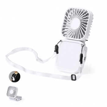 Ventilador portátil recargable de ABS con 3 velocidades, lanyard, batería de 400 mAh e indicadores de carga — caja kraft (8x14,2 cm)
