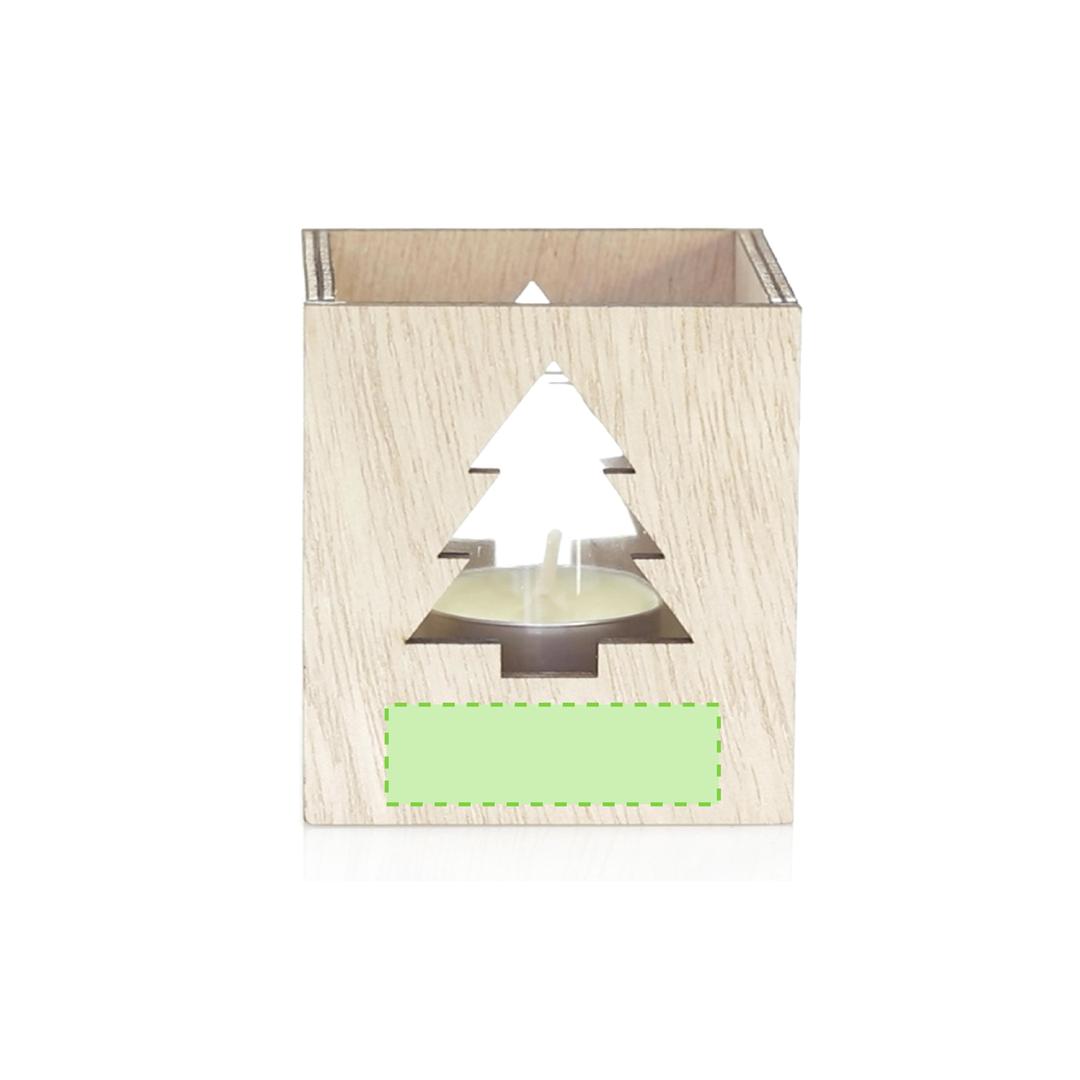 Vela aromática navideña Keylax nature — aroma vainilla, cristal con caja de madera troquelada, presentada en caja natural individual