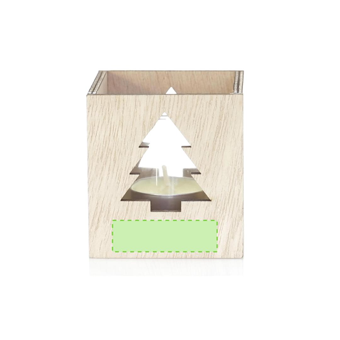 Vela aromática navideña Keylax nature — aroma vainilla, cristal con caja de madera troquelada, presentada en caja natural individual