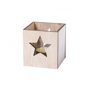 Vela aromática navideña Keylax nature — aroma vainilla, cristal con caja de madera troquelada, presentada en caja natural individual