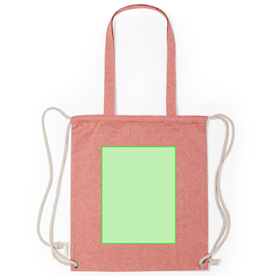 Bolsa mochila de cuerdas de algodón reciclado 140 g/m² con asas de 70 cm y argollas metálicas
