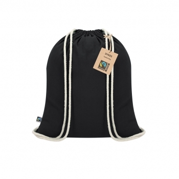 Mochila de cuerdas de algodón 140 g/m² Fairtrade certificada con hangtag en cartón reciclado