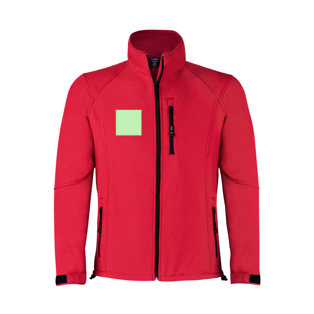 Chaqueta Molter adulto soft shell 2 capas — exterior soft shell 92% poliéster/8% elastano + interior micropolar 300 g/m², cuello elevado, bolsillo pecho