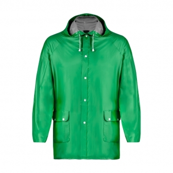 Impermeable de PVC termosellado con capucha, cordones de ajuste, cierres de corchete y bolsillos — en tallas M-L y XL-XXL