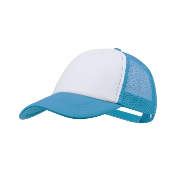 Gorra trucker 5 paneles de poliéster con panel frontal blanco y cierre de plástico