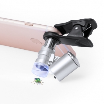 Microscopio para smartphone 60X con 2 LEDs, luz ultravioleta y funda de poliéster