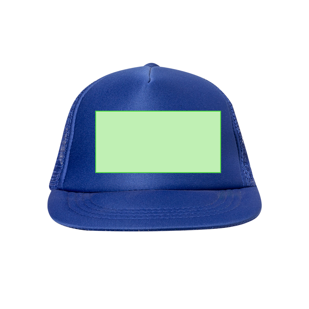 Gorra 5 paneles de poliéster con visera plana, parte trasera en redecilla y cierre de plástico