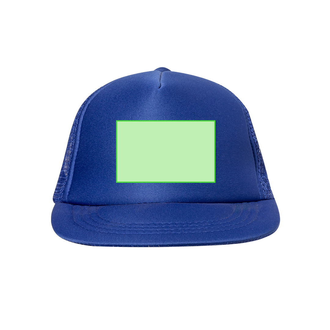 Gorra 5 paneles de poliéster con visera plana, parte trasera en redecilla y cierre de plástico