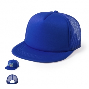 Gorra 5 paneles de poliéster con visera plana, parte trasera en redecilla y cierre de plástico