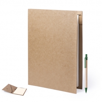 Carpeta de cartón reciclado con bloc de 20 hojas y bolígrafo incluido