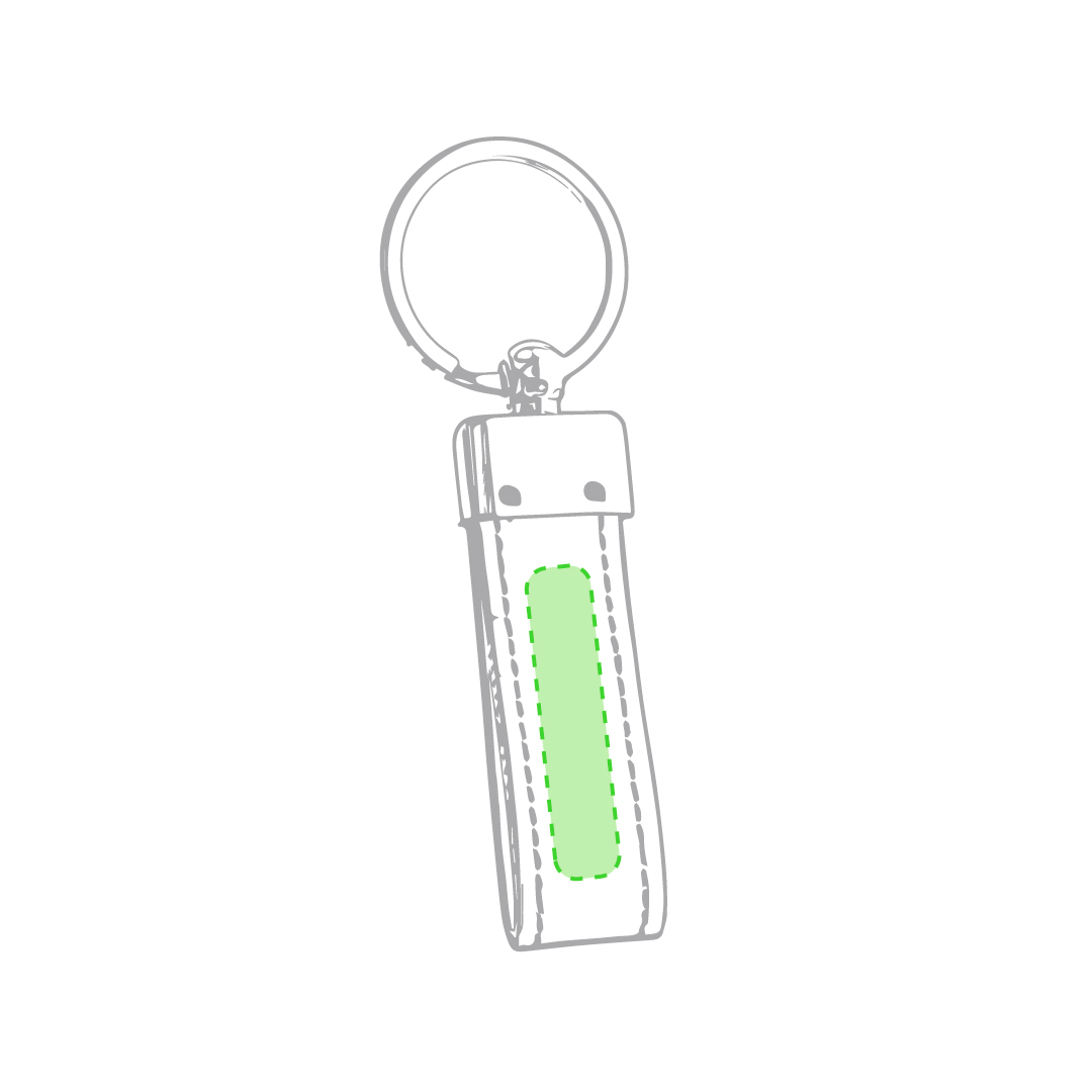 Llavero de polipiel bicolor con accesorio metálico en estuche troquelado individual