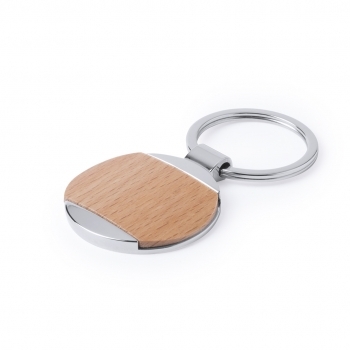 Llavero de metal brillante y madera natural con amplia superficie de marcaje