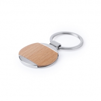 Llavero de metal brillante y madera natural con amplia superficie de marcaje