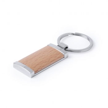 Llavero de metal brillante y madera natural con amplia superficie de marcaje