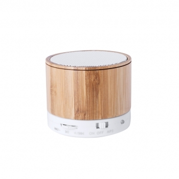 Altavoz compacto Bluetooth de bambú con rejilla metálica, radio FM, ranura SD y base antideslizante