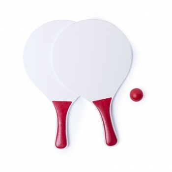 Par de palas de playa maxi en madera natural blanca con mango en vivos colores — bolsa redecilla con pelota a juego (23,5x38 cm)