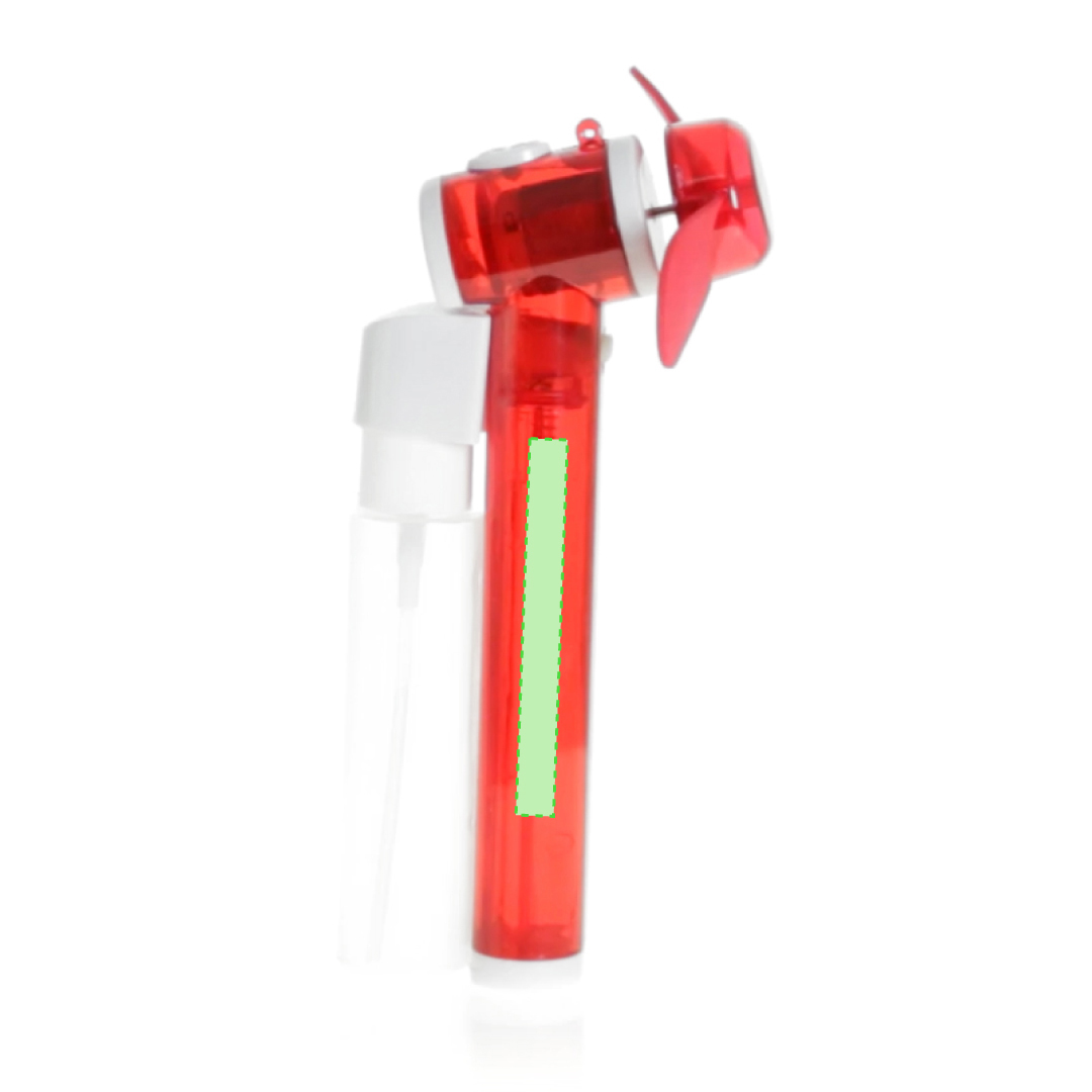 Ventilador vaporizador de 35 ml en cuerpo translúcido con aspas de EVA y alimentación a pilas 2xAA — 8,5x16 cm
