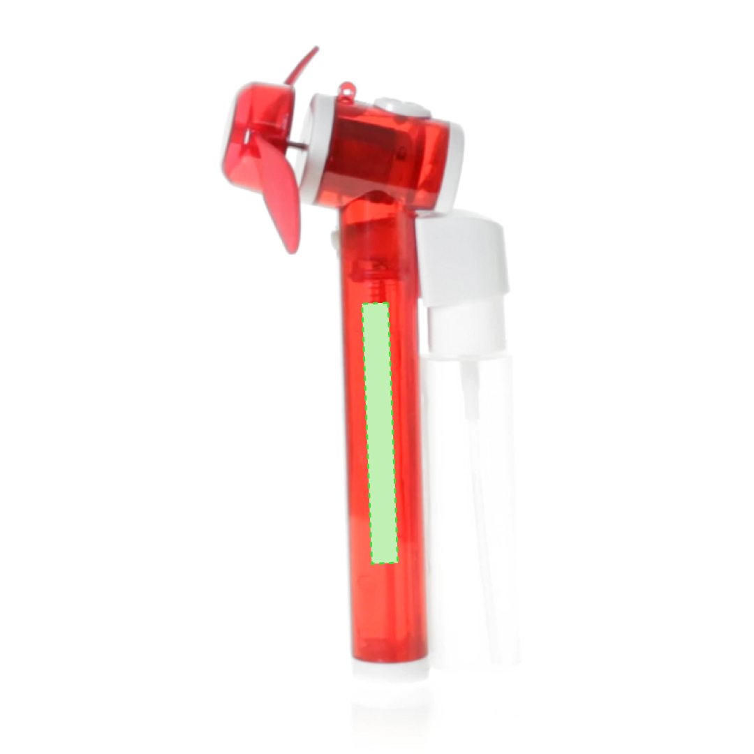 Ventilador vaporizador de 35 ml en cuerpo translúcido con aspas de EVA y alimentación a pilas 2xAA — 8,5x16 cm