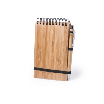 Libreta corporativa de bambú rígida con 70 hojas y bolígrafo de bambú