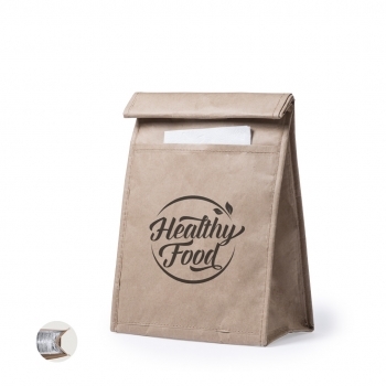 Bolsa térmica de papel reciclado laminado 2,3 L con interior de aluminio, bolsillo exterior y velcro