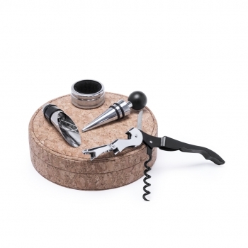 Set de vinos de corcho natural 4 accesorios soporte circular artesanal
