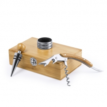 Set de vinos de bambú 3 accesorios en estuche de bambú troquelado
