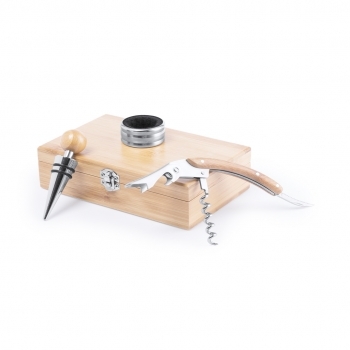 Set de vinos de bambú 3 accesorios en estuche de bambú troquelado