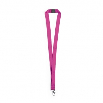 Lanyard de poliéster con cierre de seguridad en cuello y mosquetón metálico en gama de colores vivos