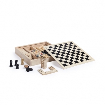 Set de 4 juegos de madera mikado ajedrez damas y dominó con tablero grabable