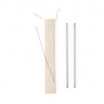 Set 2 pajitas reutilizables de acero inox con limpiador — en bolsita de algodón con cordón autocierre