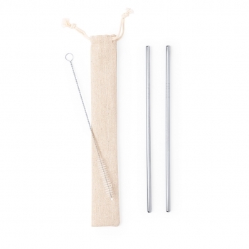 Set 2 pajitas reutilizables de acero inox con limpiador — en bolsita de algodón con cordón autocierre