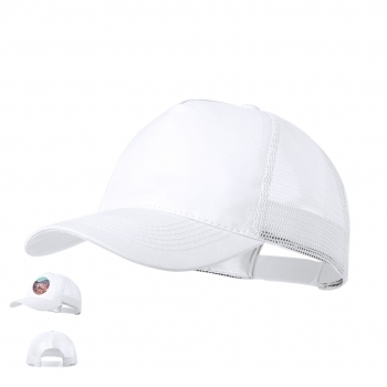 Gorra 5 paneles de poliéster con tela de rejilla y cierre de plástico — especial sublimación en blanco