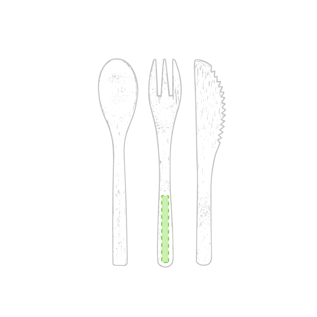 Set 3 cubiertos de bambú natural — tenedor, cuchara y cuchillo — en funda de algodón con cordón